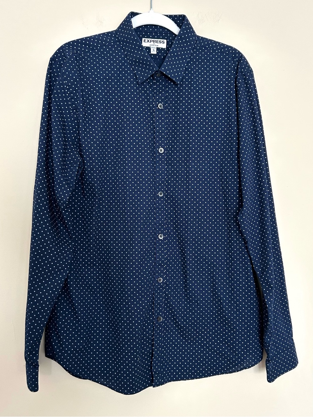 Express Women’s Navy Blue Extra Slim Polka Dot Button Down Shirt